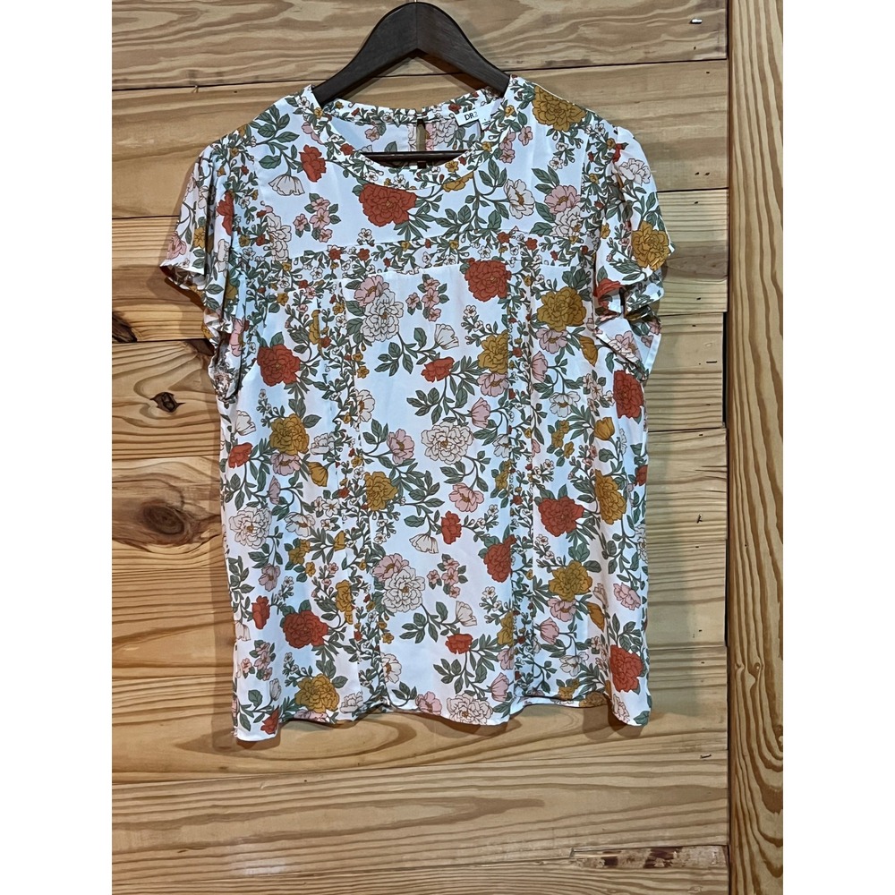 DR2 Flutter Sleeve Blouse Womens Large Floral Full Length Top Daniel Rainn